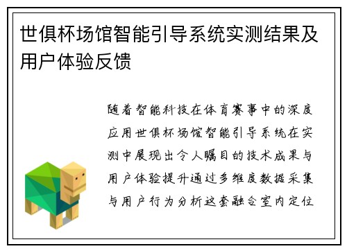 世俱杯场馆智能引导系统实测结果及用户体验反馈